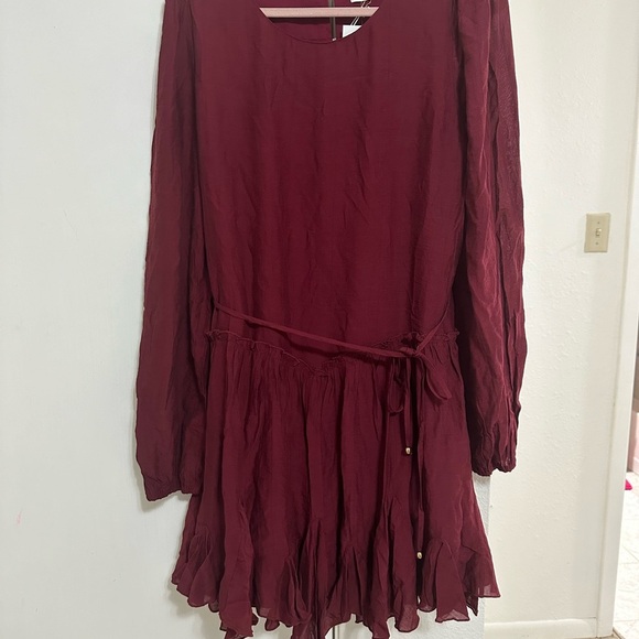 Blu ivy maroon swing dress with tie and ruffled bottom, round neck detai… - Picture 4 of 7